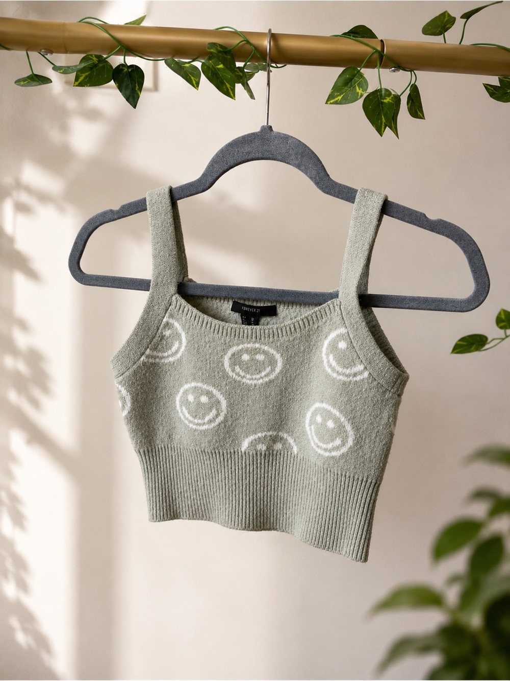 Forever 21 Sage Green Smiley Face Fuzzy Knit Crop Tank Top